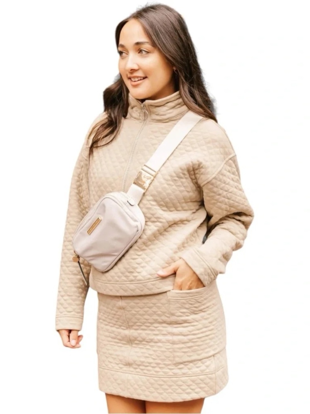 Smash and Tess, Quilted Beige Mini Skirt and Sweater Set